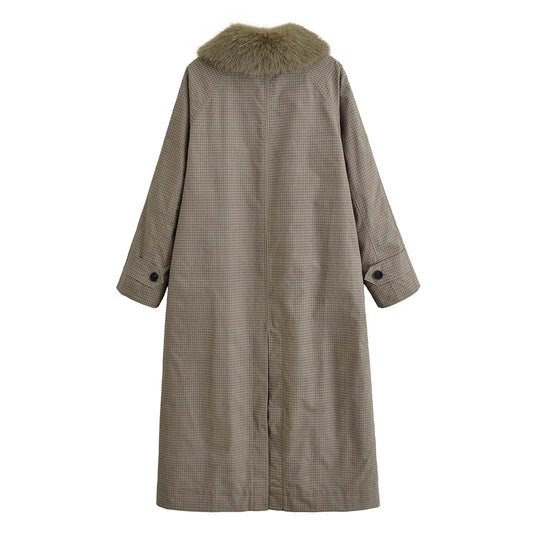 Ilgas moteriškas paltas su dirbtinio kailio apykakle „WNJESS“ - Jaukuma